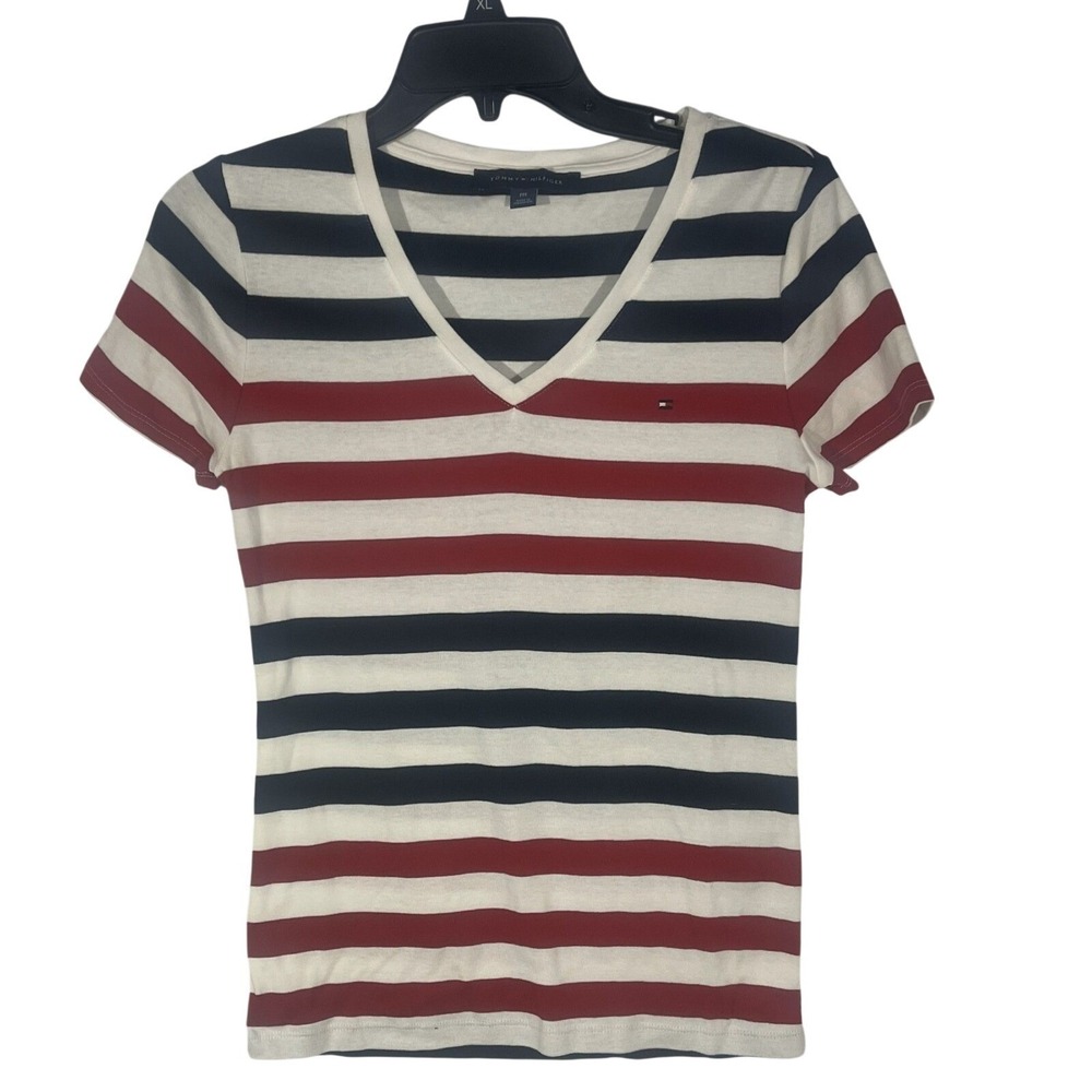 Tommy Hilfiger T Shirt Womens PM Petite Striped V Neck Red White Navy Flag